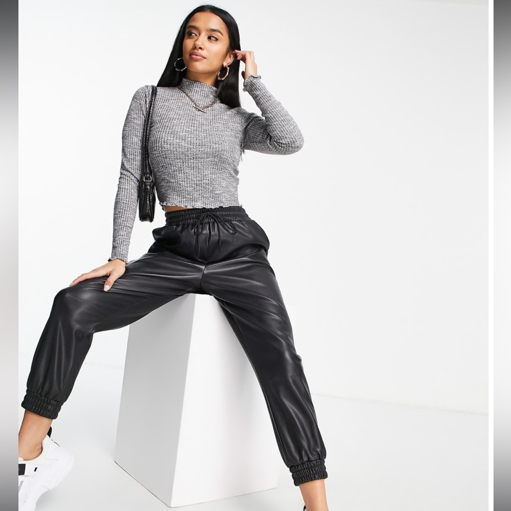 ASOS DESIGN Petite long sleeve top with turtle neck in rib in gray heather